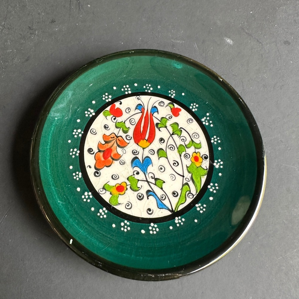 Nimet Kutahya Turkish Hand Painted Ceramic Plate Green Iznik Tulip Floral 4.75in